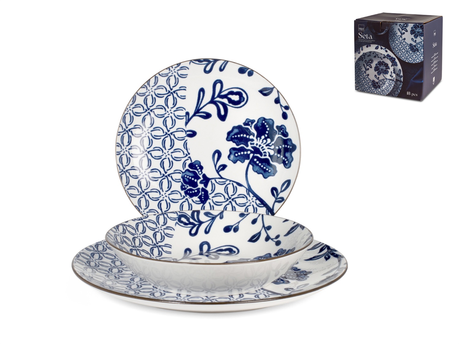 Pengo 8887800 Servizio da Tavola 18 Pz in Porcellana Blu e Bianco per 6 Persone - Dimensioni: 27 cm, 20 cm, 20,5 cm