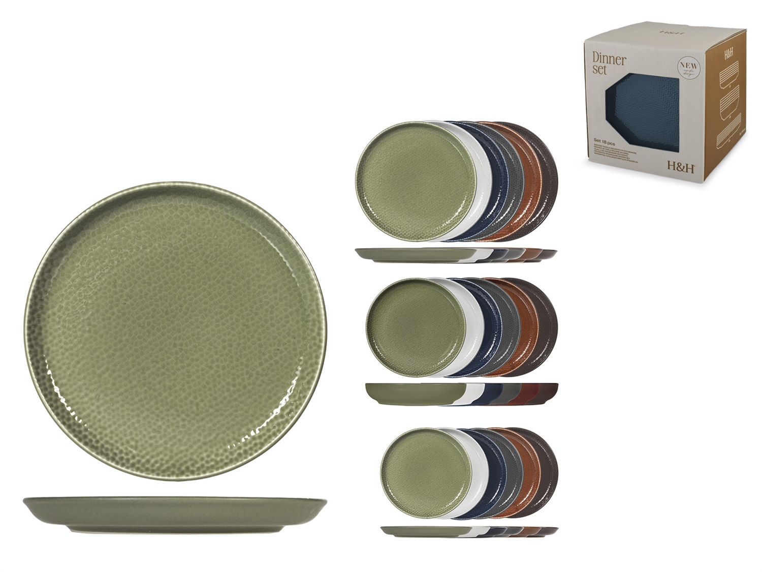 H&H Servizio di Piatti da Tavola 18 Pezzi in Porcellana Dura Multicolore per 6 Persone