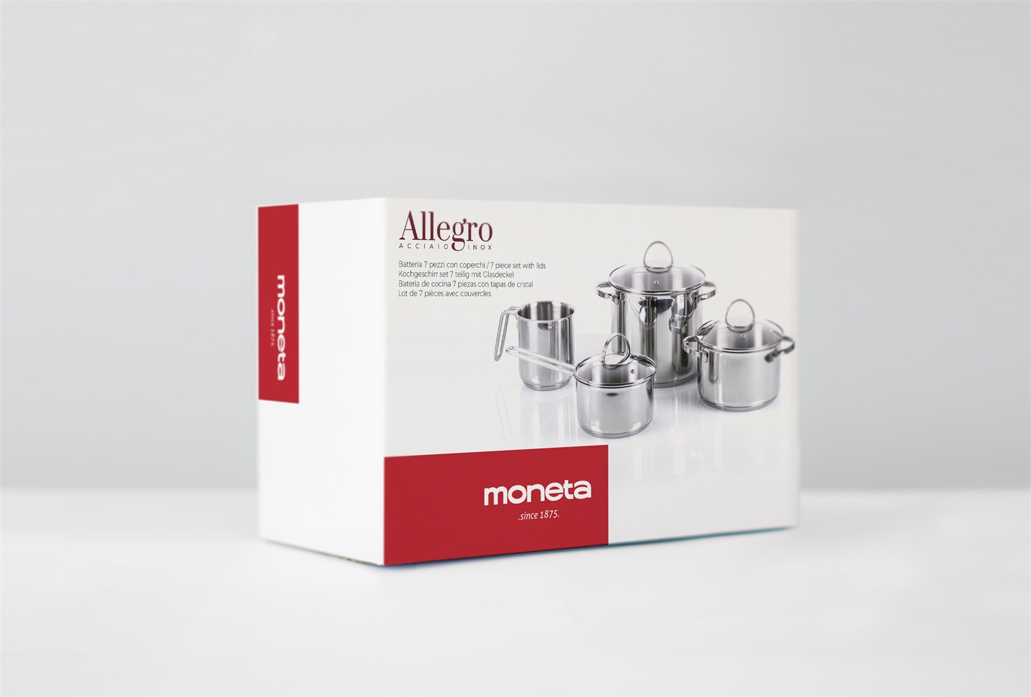 Moneta Allegro Batteria di Pentole 7 Pezzi in Acciaio Inox - Pentola 22cm, Casseruole 20cm e 16cm, Bollilatte 12cm, Coperchi 16-20-22cm