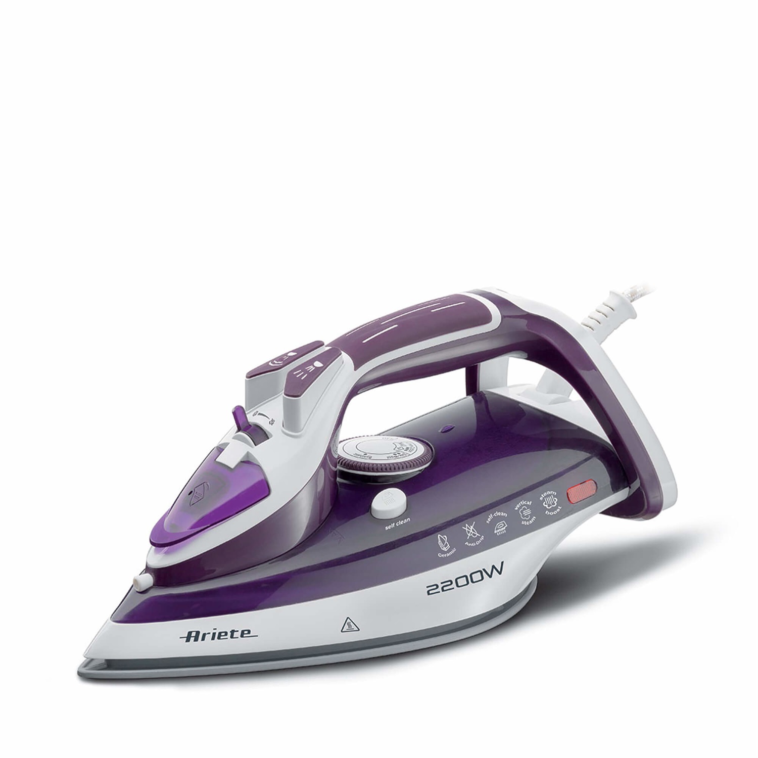 Ariete 6243 Steam Iron - Ferro da stiro a vapore con piastra in ceramica - Potenza 2200 W - Serbatoio 320 ml - Colpo vapore 140 gr/min - Funzione auto-pulizia e anti-calcare - Bianco e Porpora
