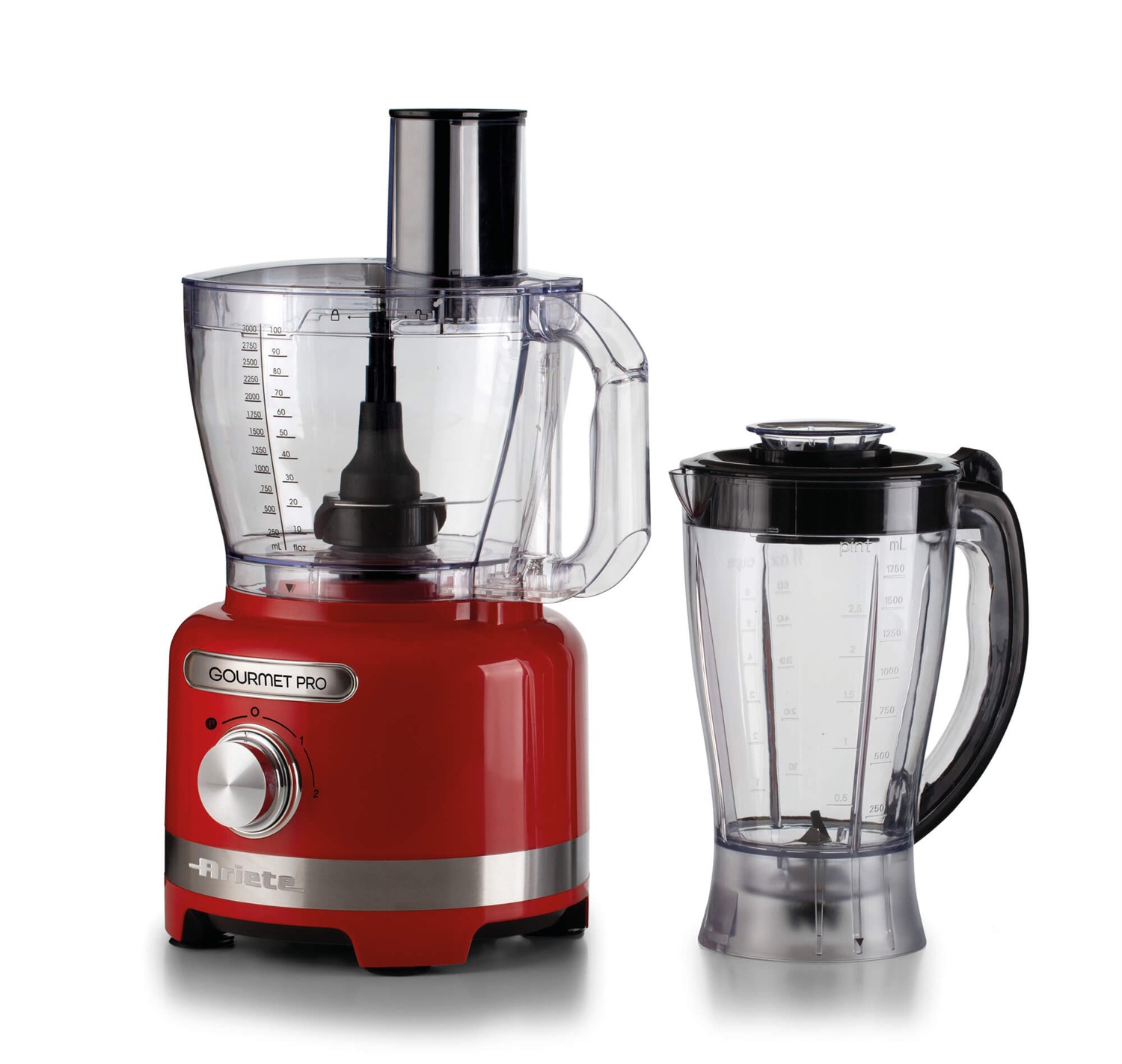 Ariete 1782 Gourmet Pro Moderna, Robot da cucina Multifunzionale 1000W, Capacità 3L, Tritatutto, Frullatore 2L, 2 Velocità Pulse, Set di lame e Disco in Acciaio Inox, Accessorio Spremiagrumi, Rosso