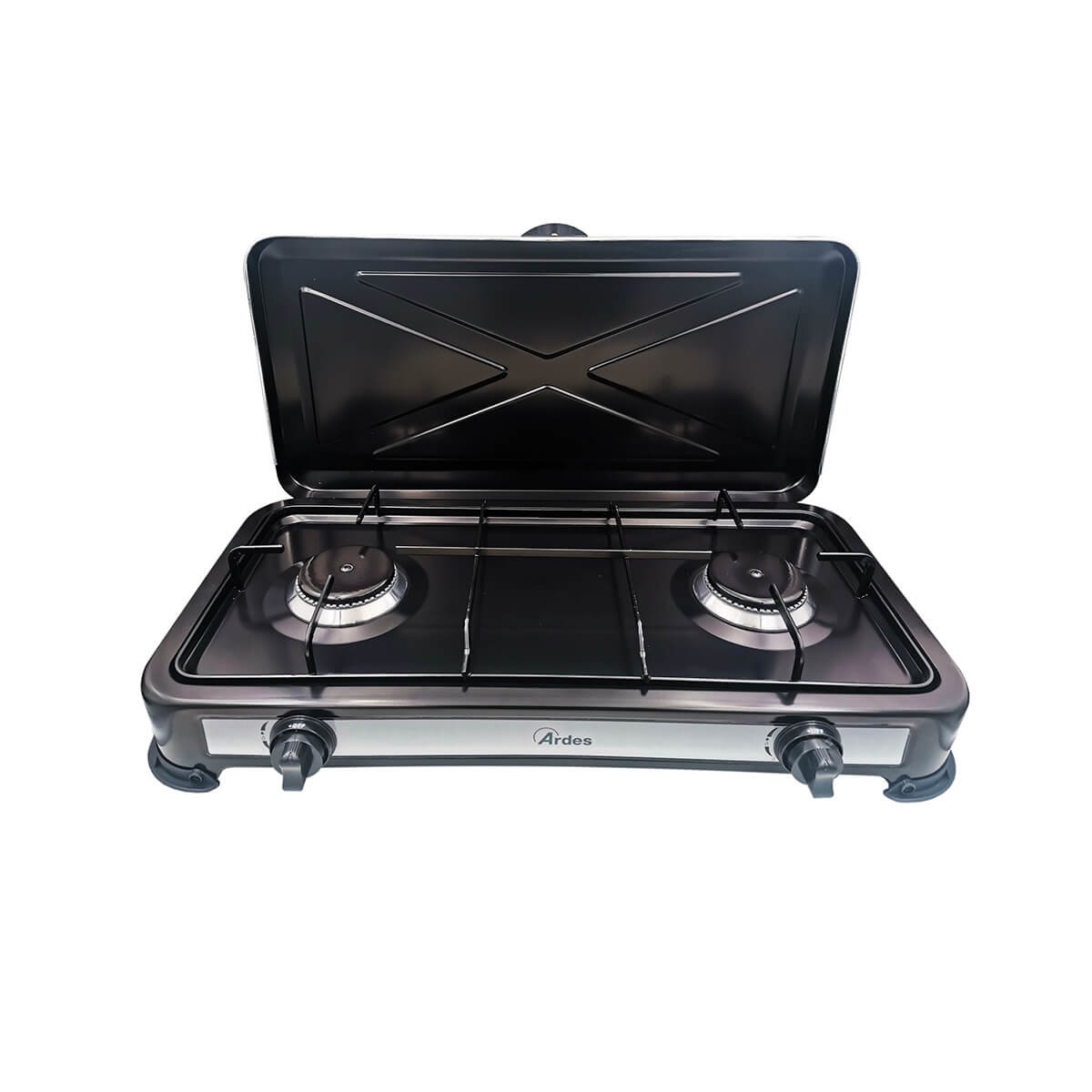 Ardes ODINO 2 (AR1FG02) - Fornello a Gas GPL 2 Fuochi Nero - Potenza 2200 W, Superficie Piana 59.5 cm, Con Coperchio