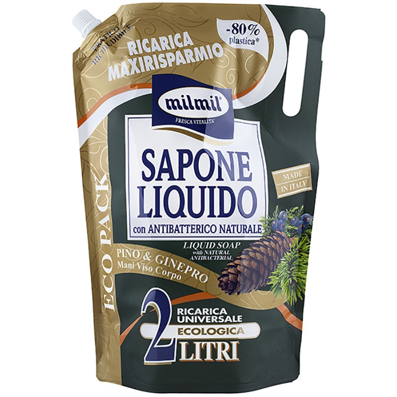 MilMil Sapone Liquido Ecoricarica 2L Pino & Ginepro - Antibatterico - Eco Pack