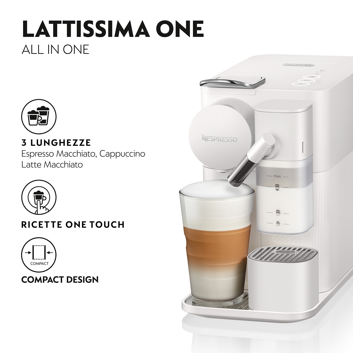 De'Longhi Lattissima One EN510.W - Macchina per Espresso Automatica 1L, Capsule Nespresso, 1400W, Bianco