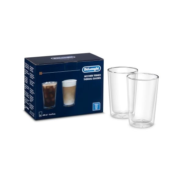 De'Longhi Set Bicchieri Termici in Vetro Borosilicato a Doppia Parete, Capacità 490 ml, Set di 2, Lavabili in Lavastoviglie
