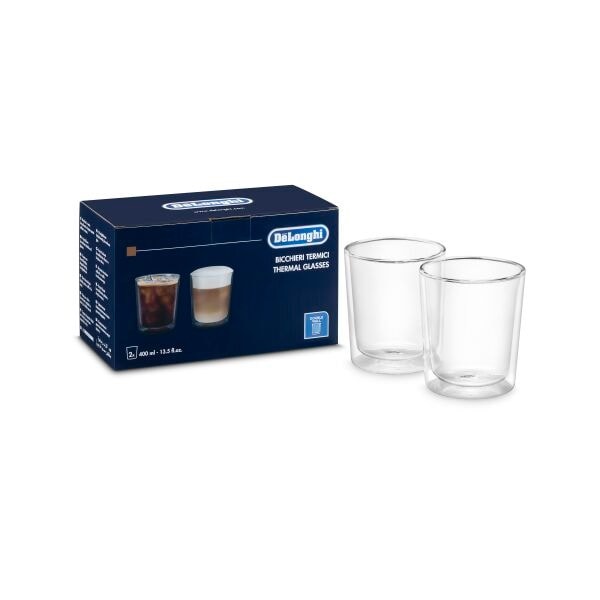 De'Longhi Set di 2 Bicchieri Termici in Vetro Borosilicato a Doppia Parete, Capacità 400 ml, Lavabili in Lavastoviglie