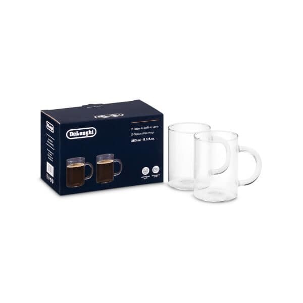 De’Longhi DLSC320 Set di 2 Bicchieri per Caffè Lungo Americano in Vetro Borosilicato, Capacità 250 ml, Lavabili in Lavastoviglie