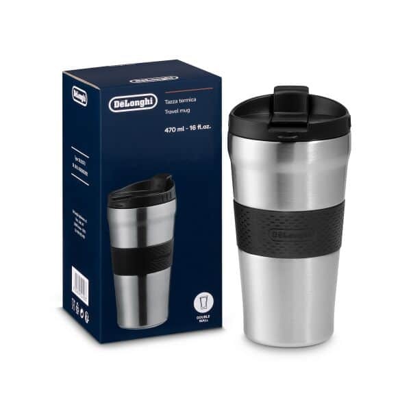 De'Longhi DLSC073 Tazza da Viaggio 470 ml in Acciaio Inox con Doppia Parete, Apertura con un Click e Rivestimento Antiscivolo in Silicone