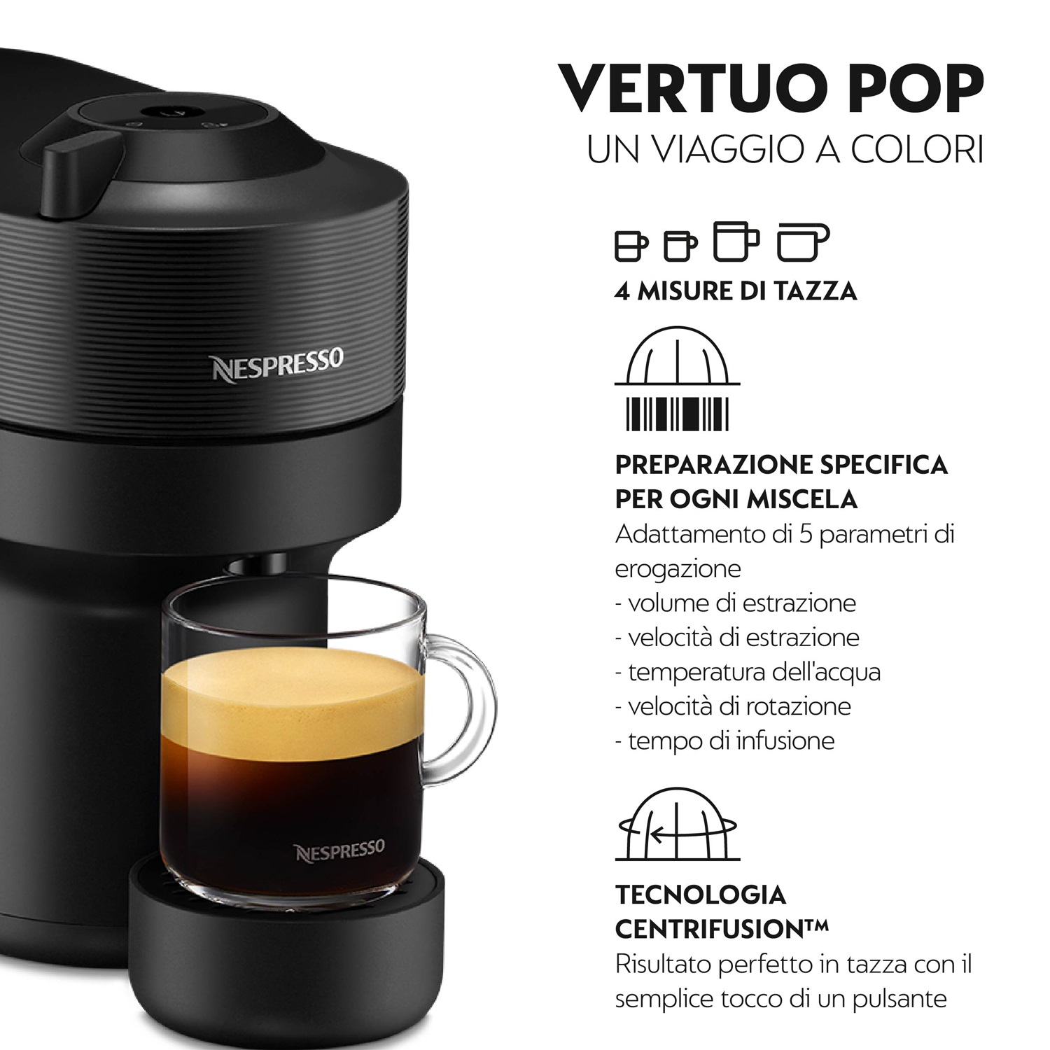 De'Longhi ENV90.B Nespresso Vertuo Pop - Macchina per Caffè a Capsule con Tecnologia Centrifusion, 4 Formati in Tazza, Capacità 0,56 L, Potenza 1260 W, Colore Nero