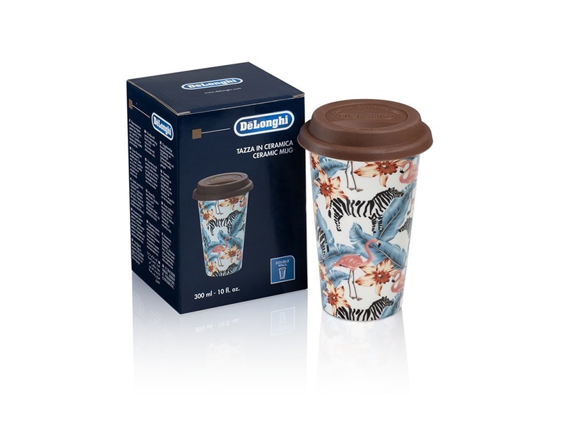 De'Longhi DLSC067 Tazza Termica in Ceramica a Doppia Parete, 300 ml, Design Elegante con Custodia Antiscivolo