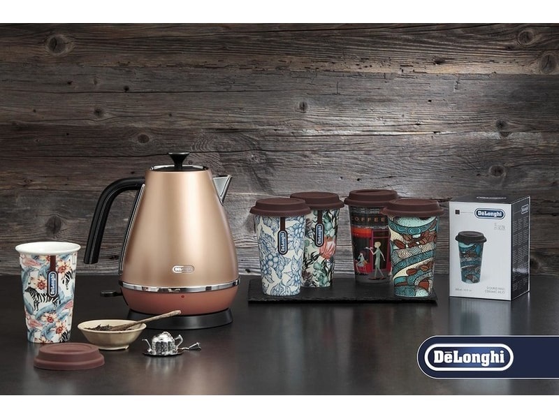 De'Longhi DLSC067 Tazza Termica in Ceramica a Doppia Parete, 300 ml, Design Elegante con Custodia Antiscivolo