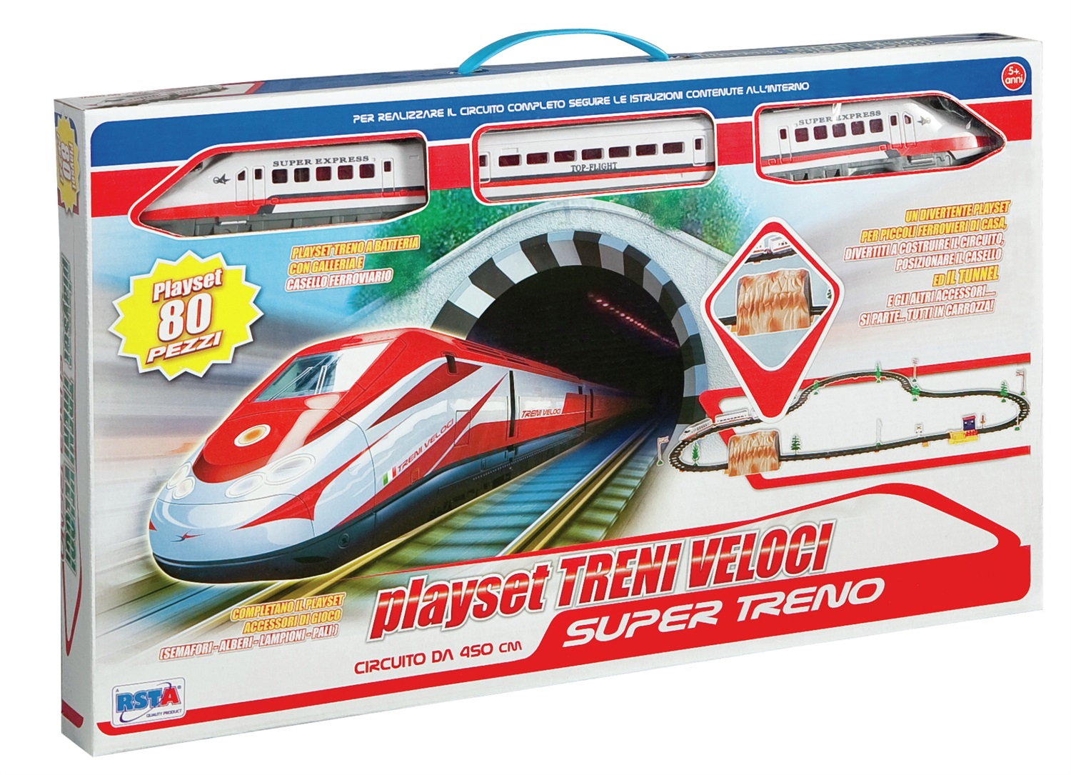 RONCHI SUPERTOYS Playset Treno 08231 - Circuito 450cm con 80 Pezzi, Treno a Batteria, Casello e Tunnel