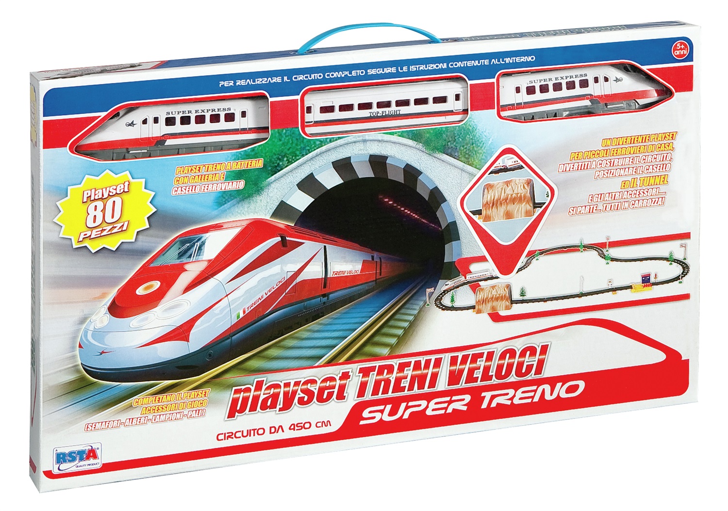 RONCHI SUPERTOYS Playset Treno 08231 - Circuito 450cm con 80 Pezzi, Treno a Batteria, Casello e Tunnel