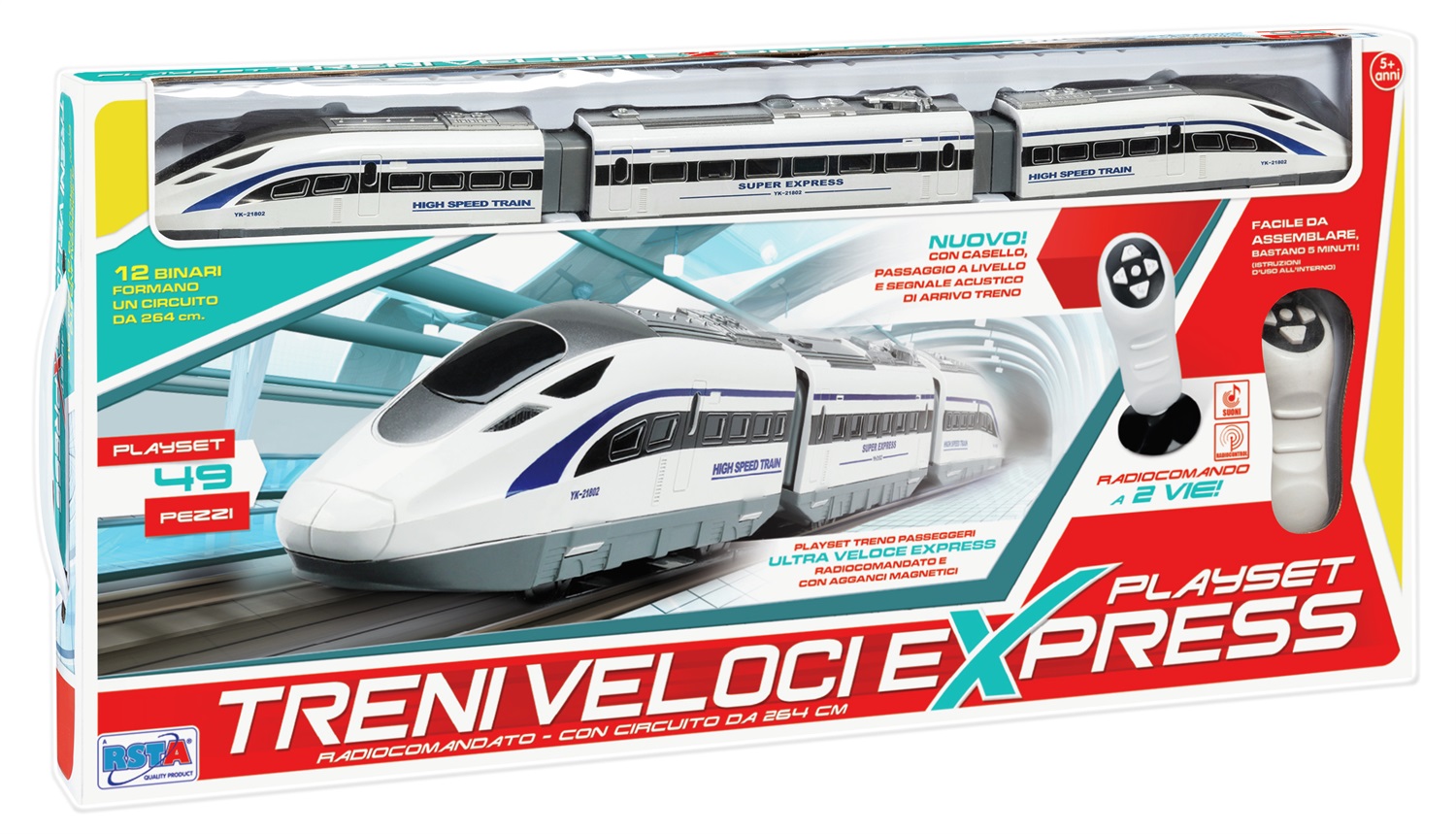 RSTOYS Playset Treni Veloci Express con Radiocomando - Circuito 264 cm, Segnale Acustico, Casello