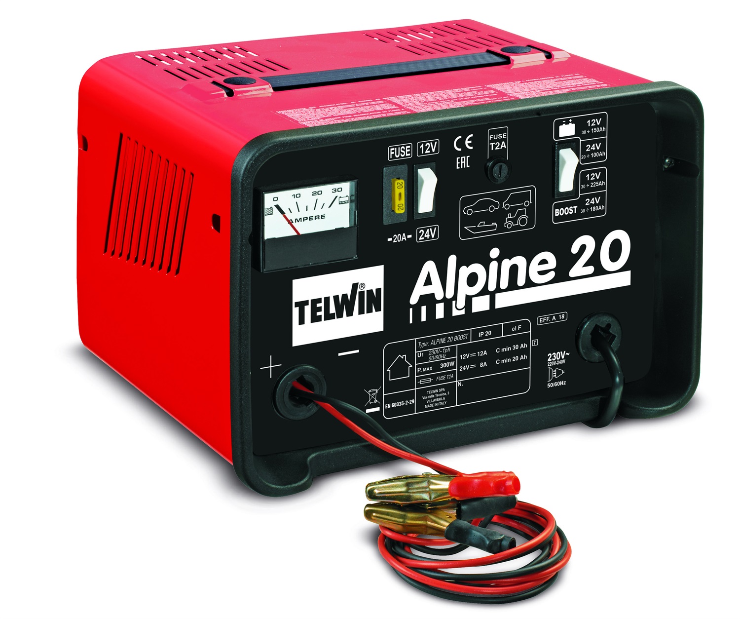 Telwin Alpine 20 Boost - Caricabatterie 12/24V, Potenza 300W, Dimensioni 22x29x20 cm