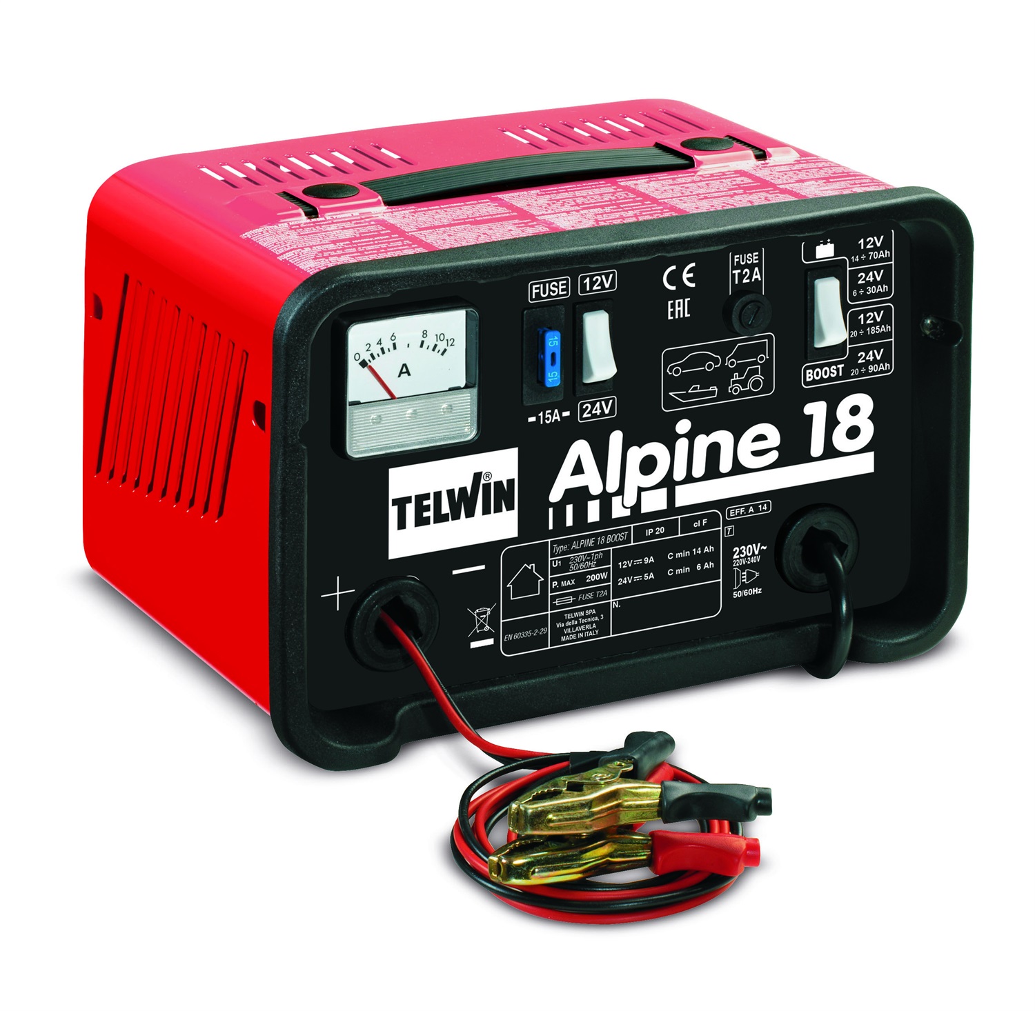 Telwin Alpine 18 Boost - Caricabatterie per batterie WET 12/24V - Potenza 200W