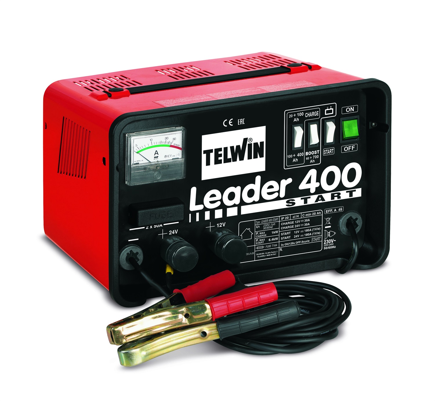 Telwin Leader 400 Start - Caricabatterie e Avviatore 12/24V per Batterie WET/START-STOP, 300A, 230V