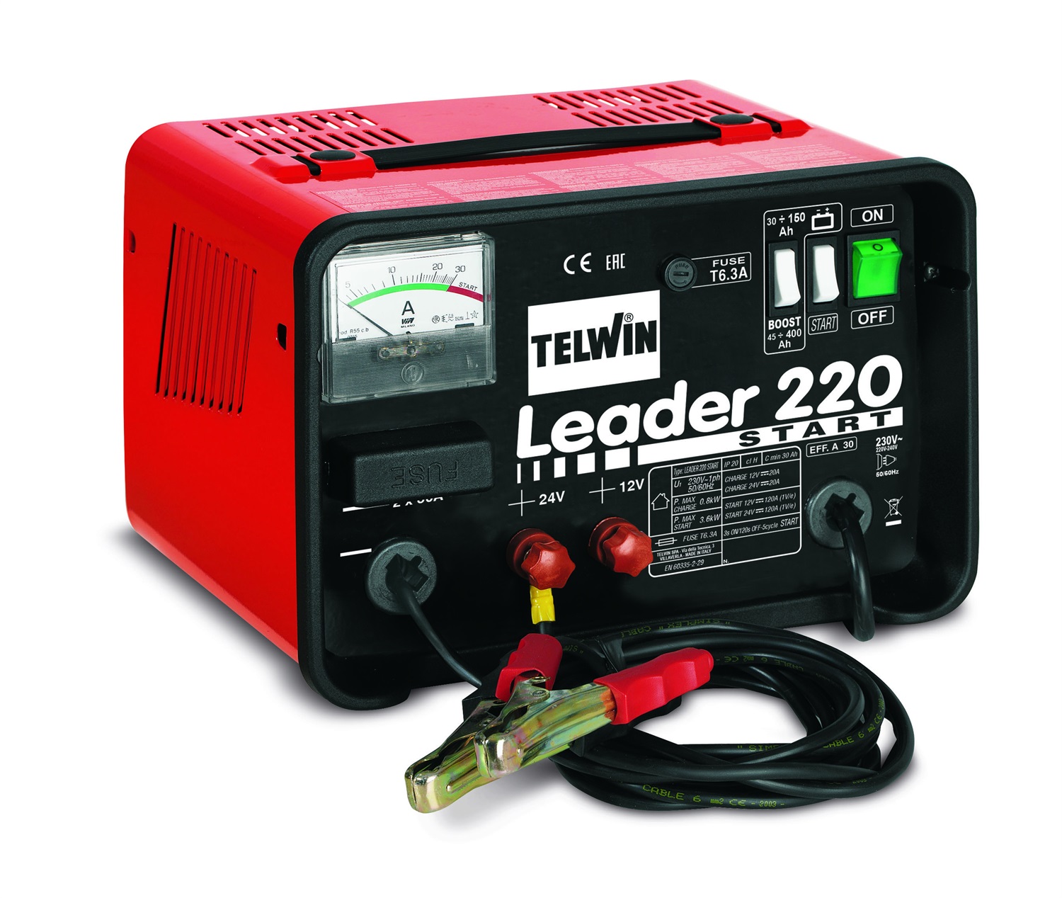 Telwin Leader 220 Caricabatterie e Avviatore 12/24V per Batterie WET/START-STOP - 180A, 30-400Ah, 230V