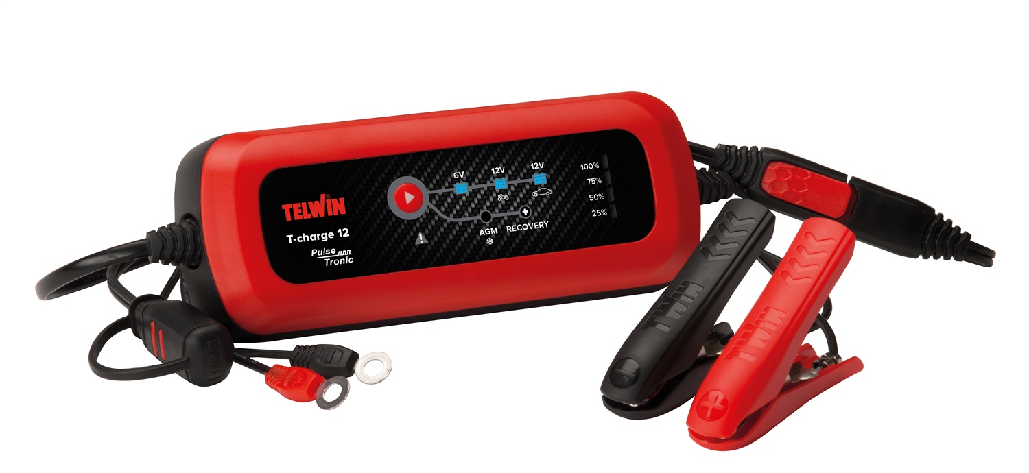 Telwin T-Charge 12 - Caricabatterie e Mantenitore Elettronico 6/12V per Auto e Moto, Compatibile con Batterie WET, GEL, AGM