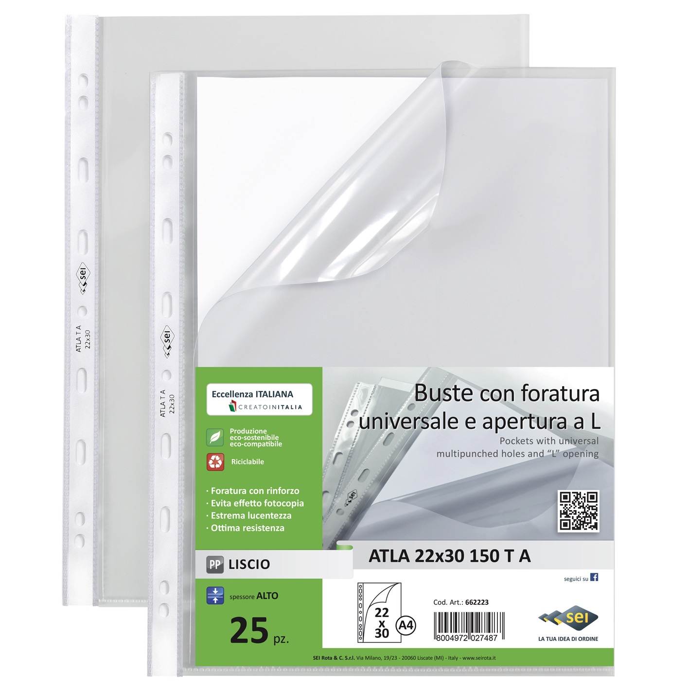 Sei Rota Atla T A Buste A4 in Polipropilene (PP) Liscio con Apertura a L e Foratura Universale - Conf. 25 pz