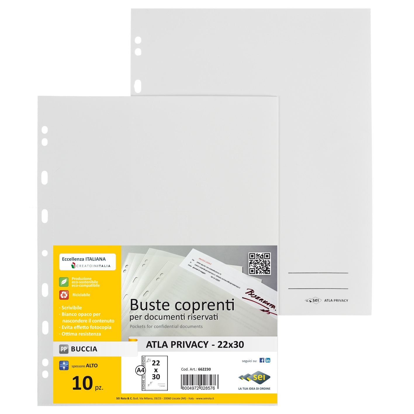 SEI ROTA Buste con Foratura Universale Atla Privacy - Polipropilene Bianco Opaco - 22 x 30 cm - Conf. 10 Pezzi