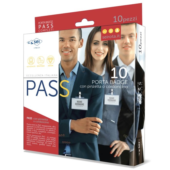 SEI Rota Portanome Pass 4E - 11 x 7 cm - PVC trasparente con clip in metallo - conf. 10 pezzi