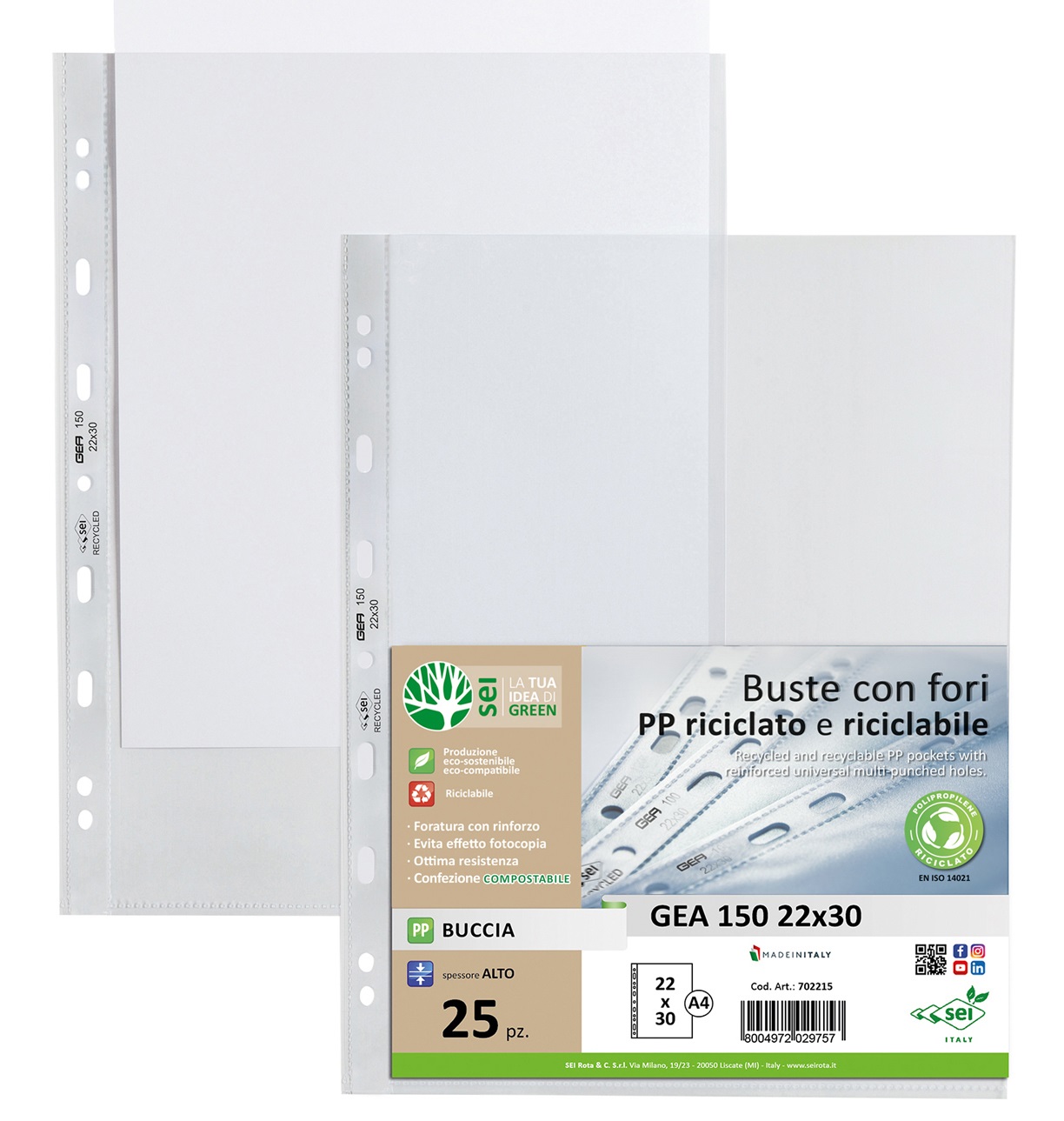 Sei Rota Buste Gea 150 in PP Riciclato Trasparente Alto Spessore 22x30 cm - Conf. 25 Pezzi