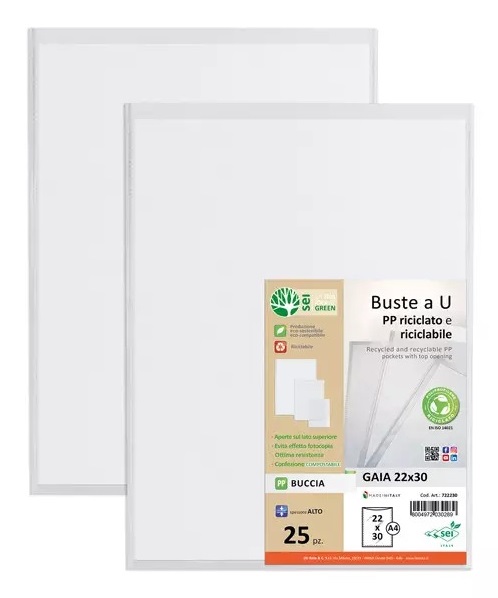 Sei Rota Buste a U Gaia in Polipropilene Riciclato - Trasparenti - 22 x 30 cm - Alto Spessore - Confezione da 25 Pezzi