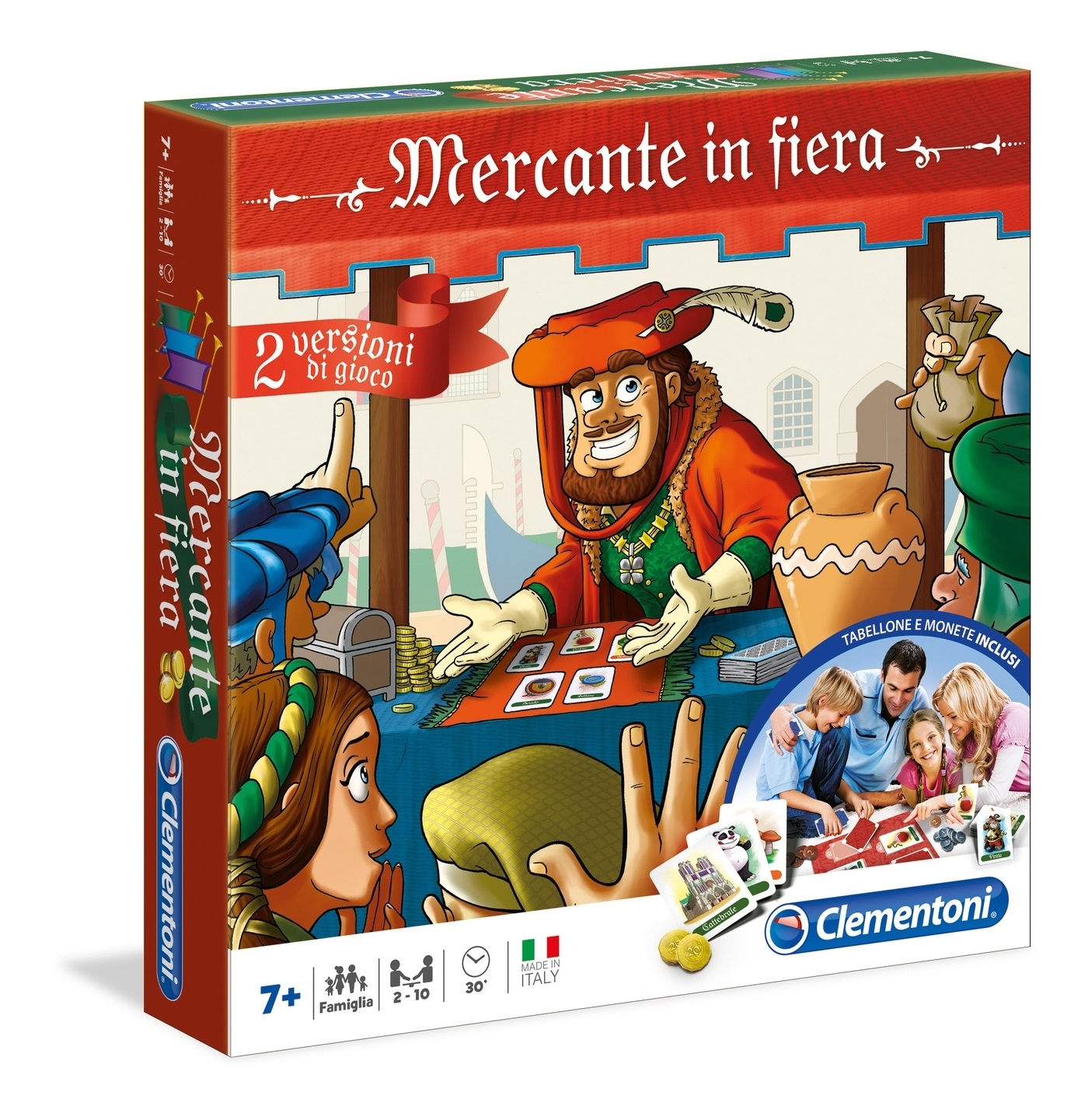 Clementoni - Mercante in Fiera, Gioco da Tavolo per Bambini 7 Anni e Tutta la Famiglia, 2-10 Giocatori, 2 Versioni di Gioco, Made in Italy, Lingua Italiana