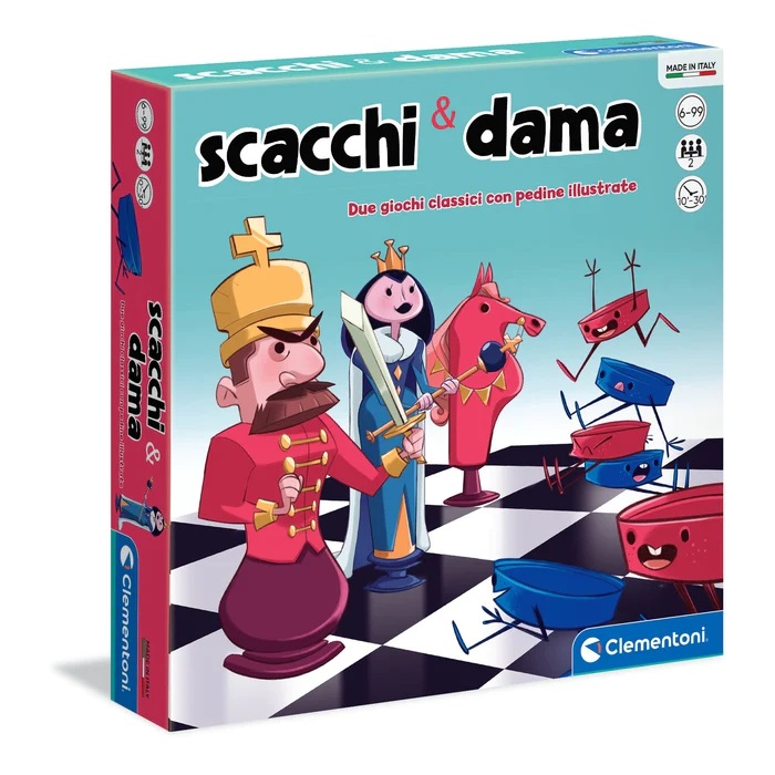 Clementoni - Gioco da Tavolo Dama e Scacchi, 2 Giocatori, 6 Anni, con Pedine Illustrate e Scacchiera Reversibile
