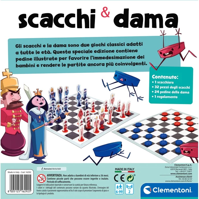 Clementoni - Gioco da Tavolo Dama e Scacchi, 2 Giocatori, 6 Anni, con Pedine Illustrate e Scacchiera Reversibile