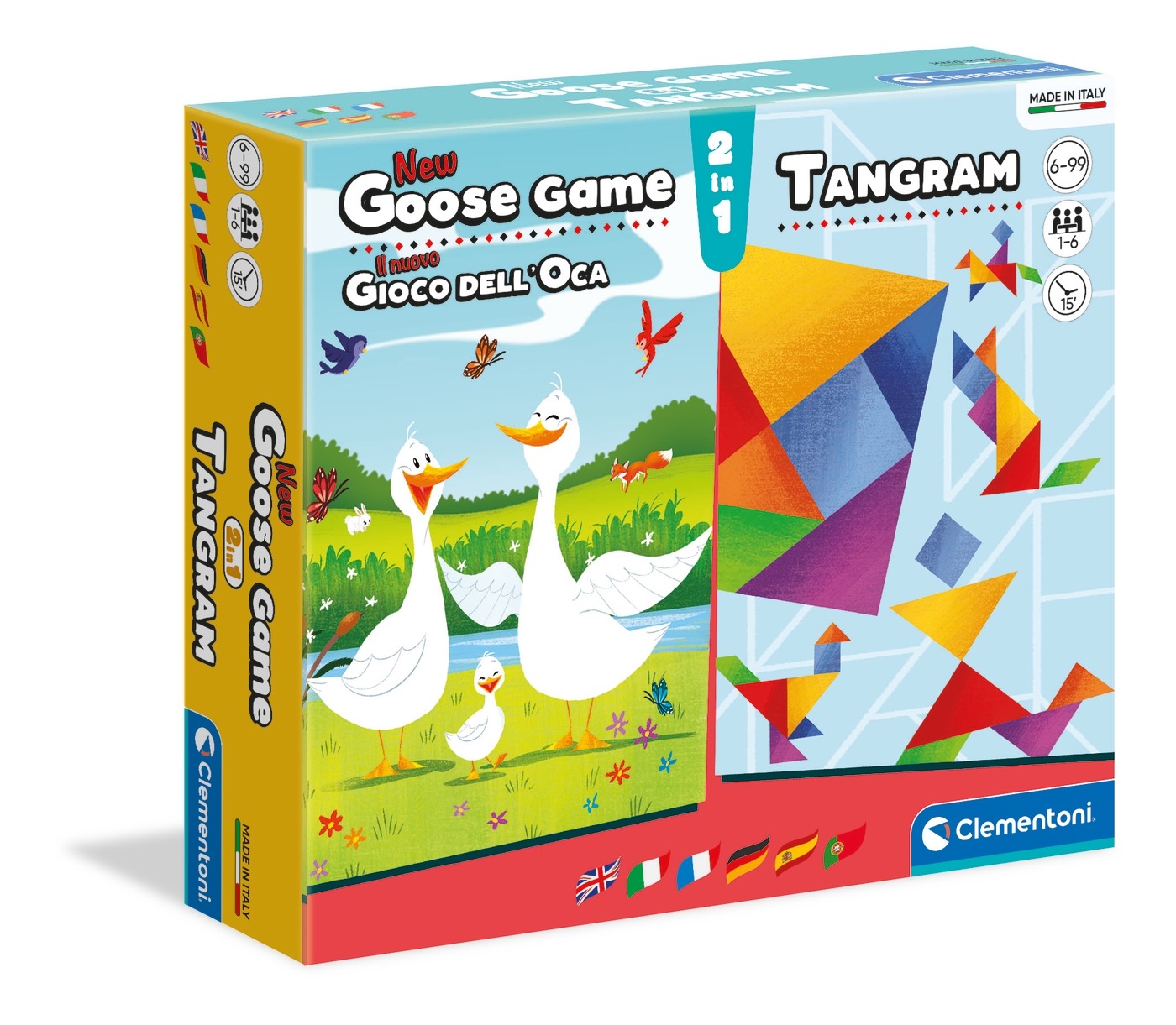 Clementoni Gioco Dell'Oca Tangram 2 in 1, Gioco di Società per Tutta la Famiglia, 1-6 Giocatori, 6 Anni , Made in Italy, Multicolore
