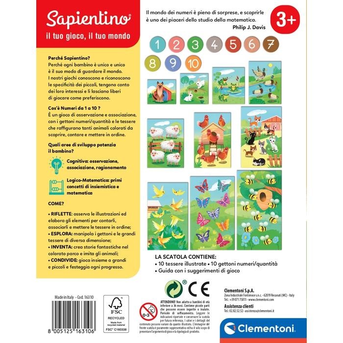Clementoni Sapientino Numeri da 1 a 10 - Gioco educativo in cartone riciclato per bambini di 3 anni, multicolore, con tessere illustrate e gettoni