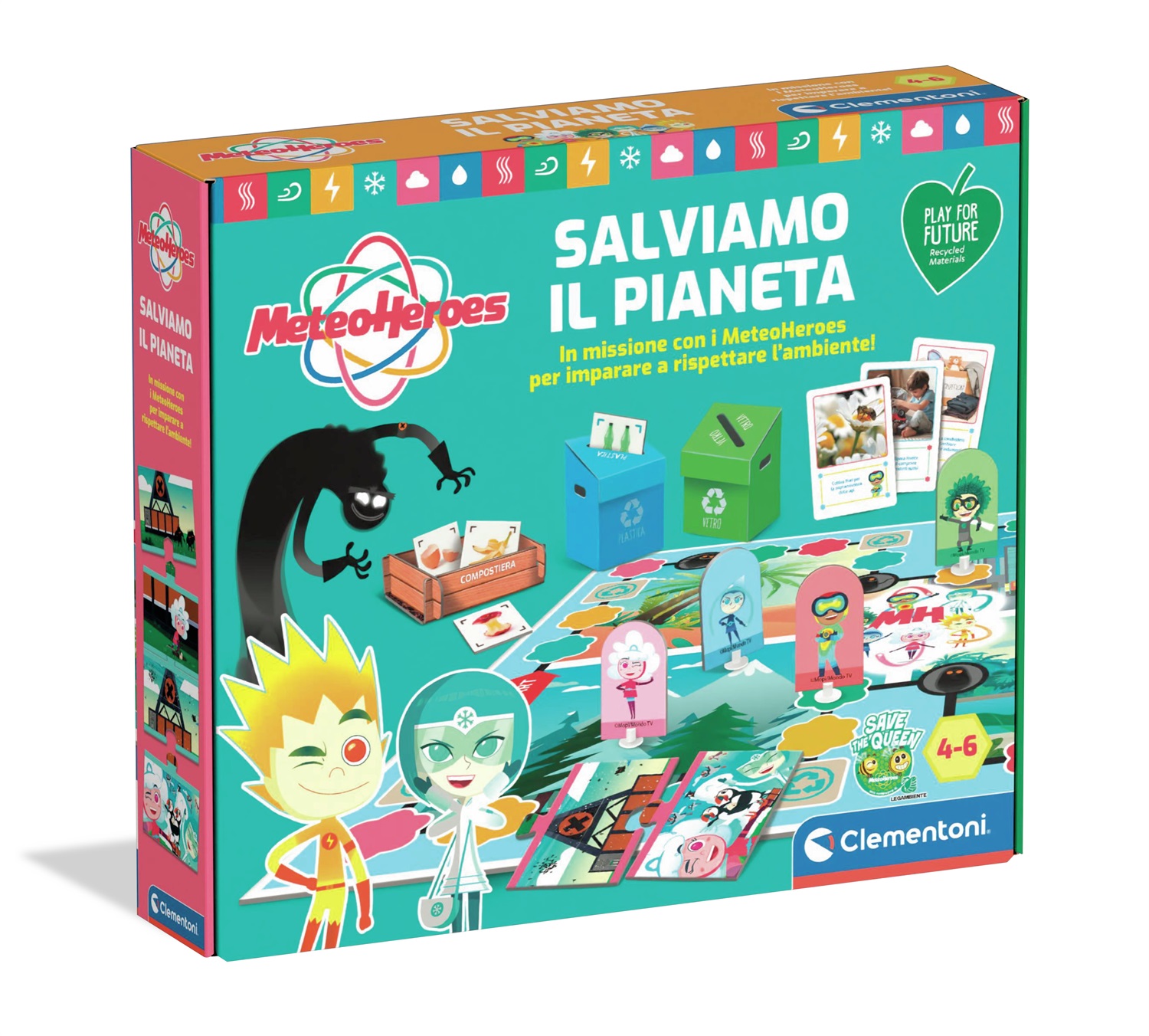 Clementoni Meteo Heroes - Salviamo il Pianeta, Gioco da Tavolo Educativo per Bambini 4 Anni, Gioco di Logica Cooperativo con Flashcards, Prodotto Riciclato Made in Italy