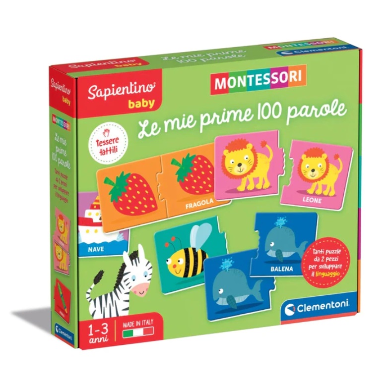 Clementoni Sapientino Montessori - Gioco Educativo Le mie Prime 100 Parole, 1-4 anni, Tessere Abbinabili, Multicolore, Versione Italiana