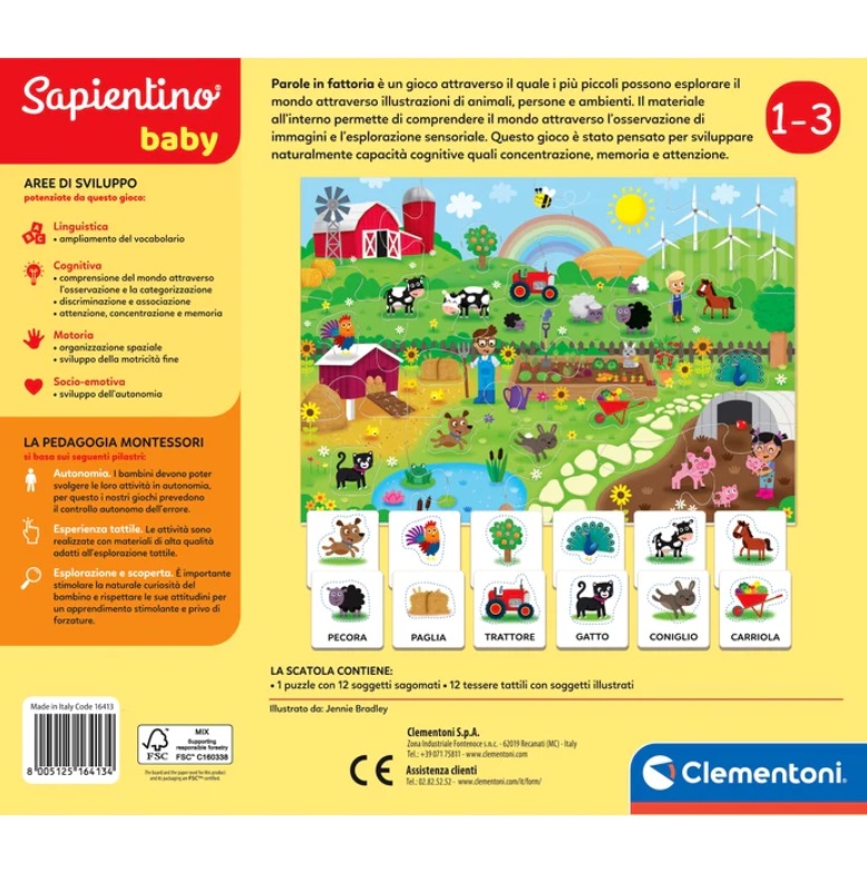 Clementoni Sapientino Montessori Parole in Fattoria - Puzzle Educativo per Bambini 1-4 Anni con Grandi Pezzi e Animali Sagomati