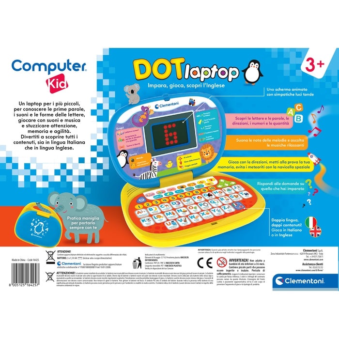 Clementoni Computer Kid DOT - Laptop Parlante Educativo per Bambini 3 Anni, Gioco Elettronico Interattivo per Imparare Lettere e Numeri, Batterie Incluse, Lingua Italiana