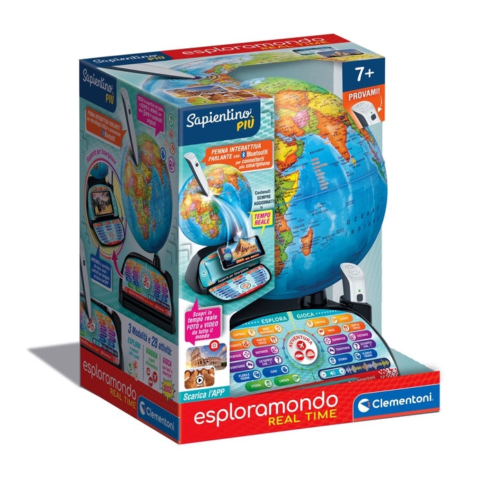 Clementoni Sapientino Più - Esploramondo Real Time, Globo Interattivo Educativo con Penna Bluetooth e App, Mappamondo per Bambini 7 Anni
