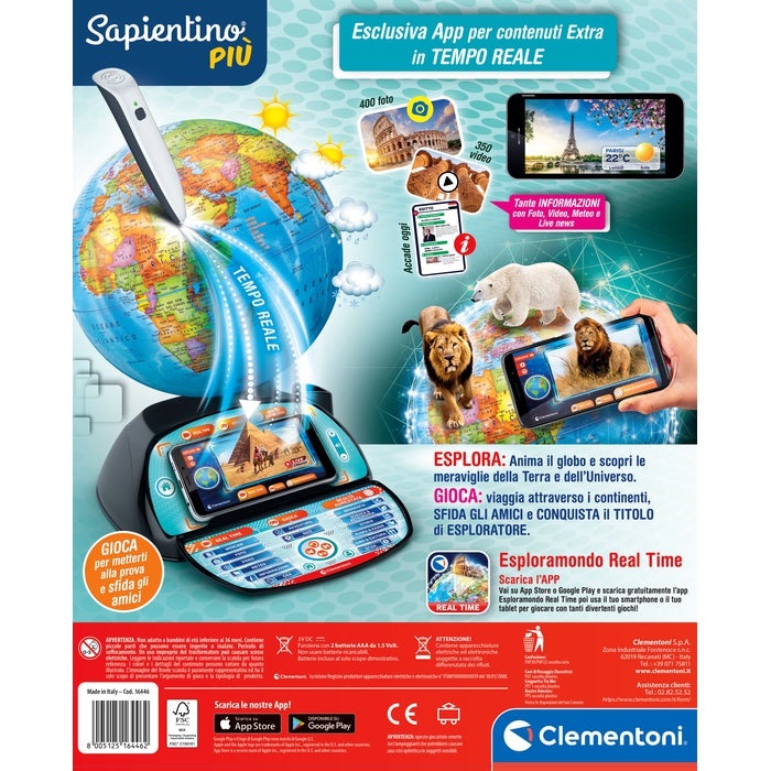 Clementoni Sapientino Più - Esploramondo Real Time, Globo Interattivo Educativo con Penna Bluetooth e App, Mappamondo per Bambini 7 Anni