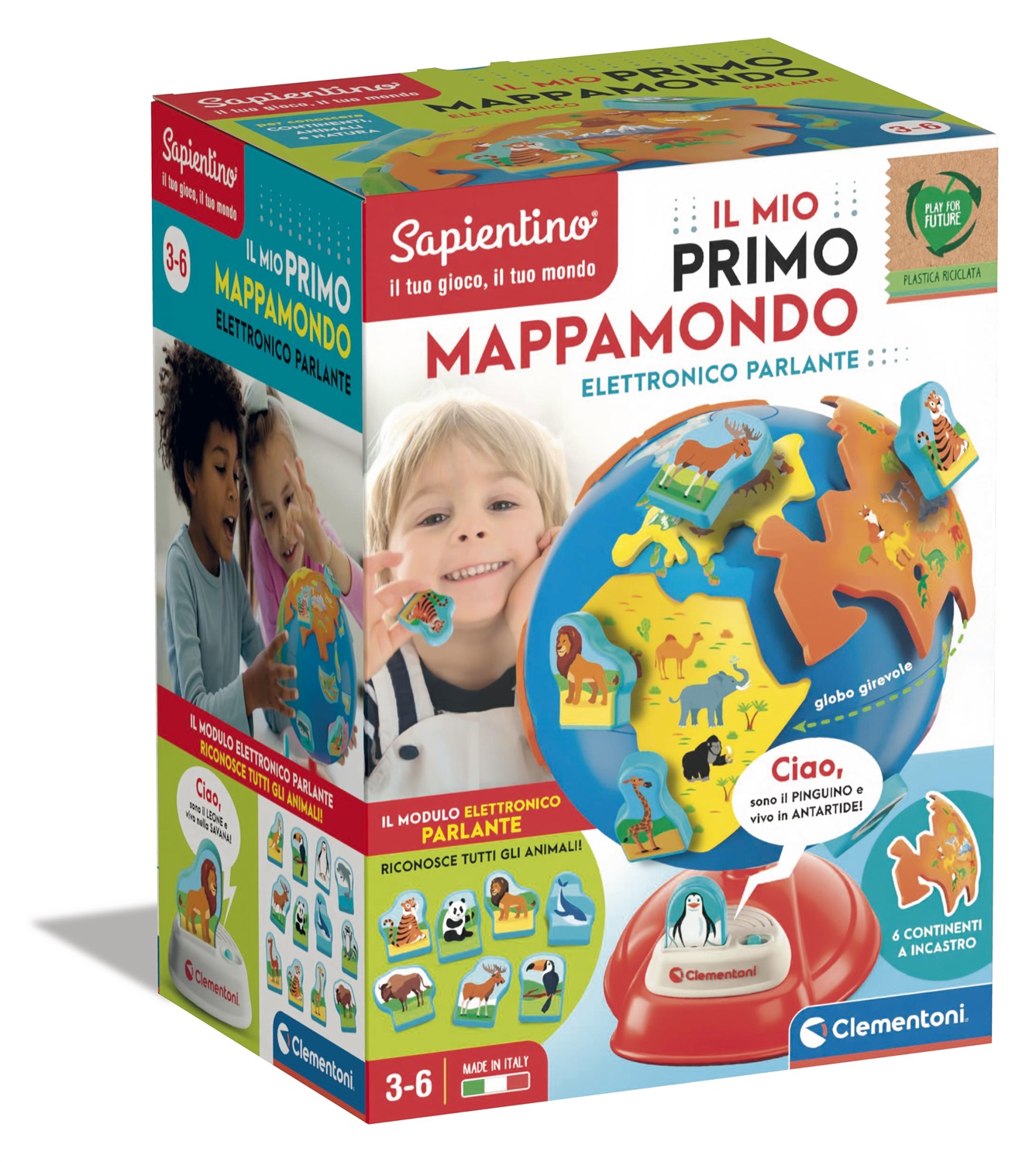 Clementoni Sapientino - Il Mio Primo Mappamondo Elettronico Parlante, Gioco Interattivo Educativo in Plastica Riciclata per Bambini 3-6 Anni