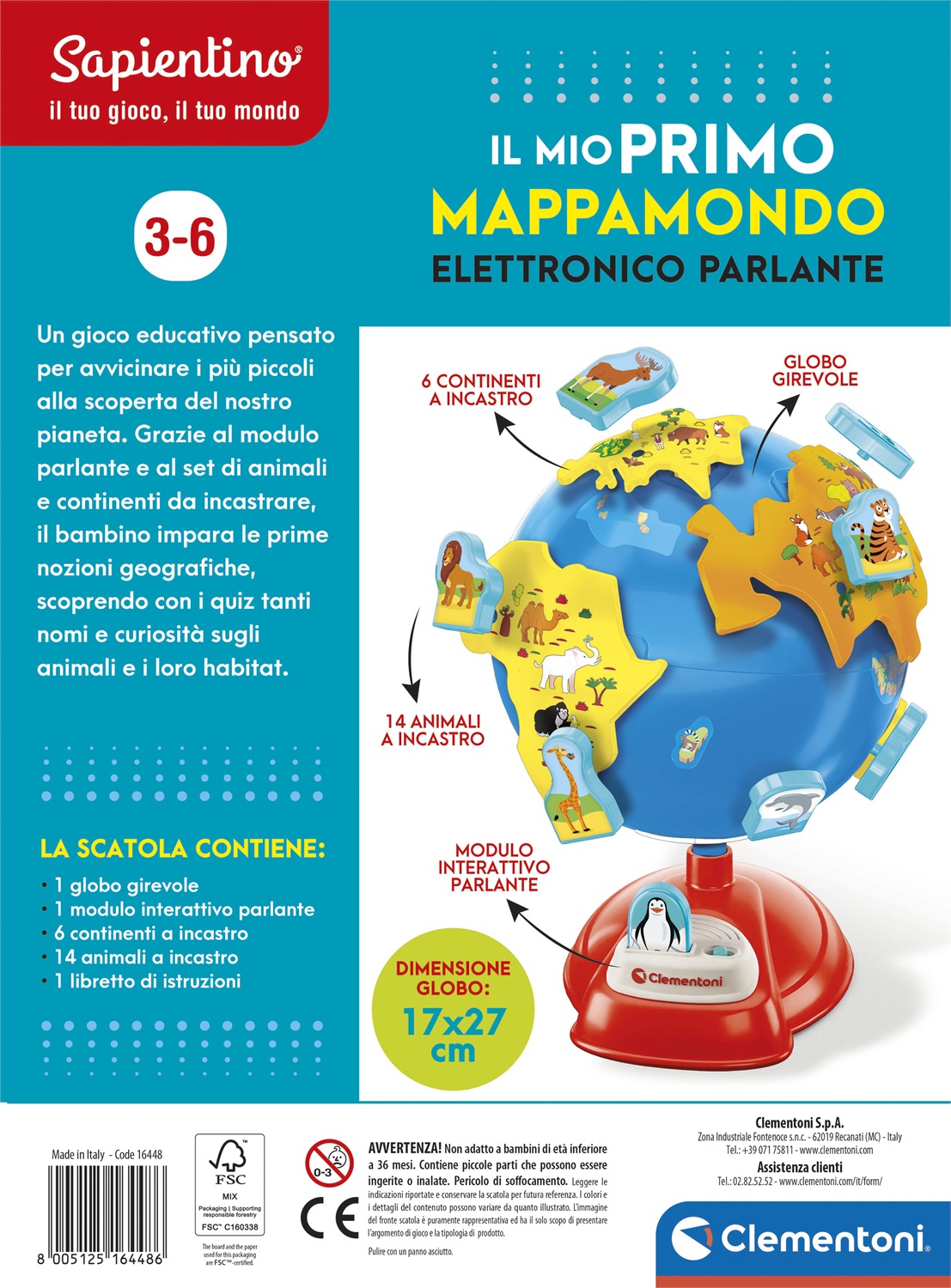 Clementoni Sapientino - Il Mio Primo Mappamondo Elettronico Parlante, Gioco Interattivo Educativo in Plastica Riciclata per Bambini 3-6 Anni