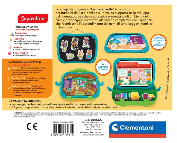 Clementoni Sapientino Montessori - Valigetta Magnetica La Mia Casetta, Gioco Educativo per Bambini 2-4 Anni con 28 Schede e 32 Magneti per Apprendere Lettere e Parole