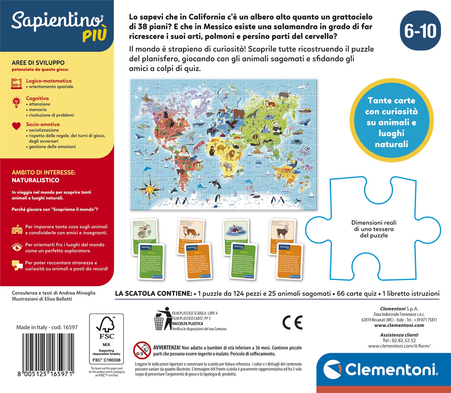 Clementoni Sapientino Più Scopriamo il Mondo - Gioco Educativo Geografia per Bambini dai 6 Anni, Puzzle Planisfero da 124 Pezzi, Made in Italy