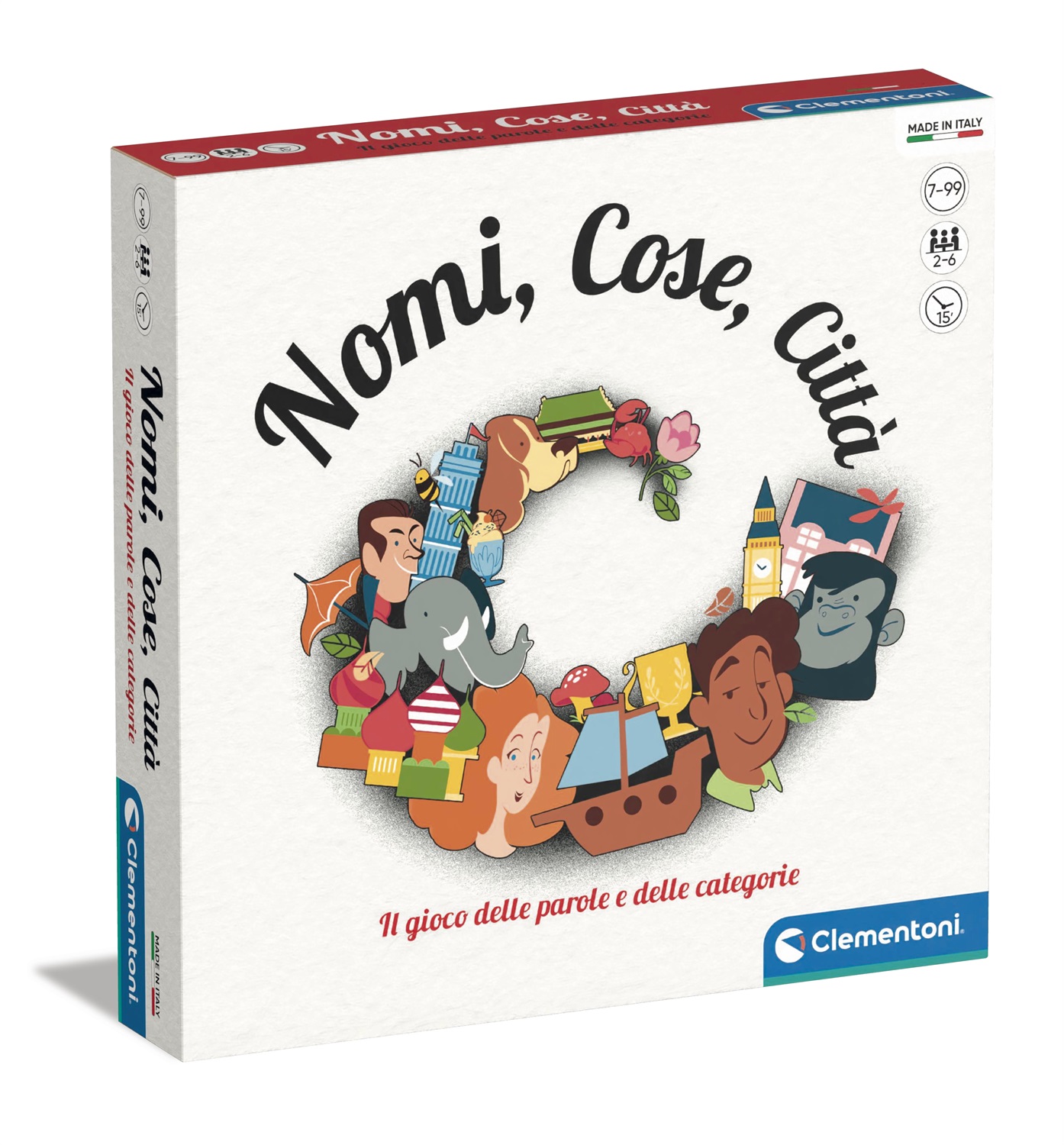 Clementoni - Nomi, Cose e Città, Gioco da Tavolo per 2-6 Giocatori, Età 7 , con 29 Carte Categoria e Clessidra