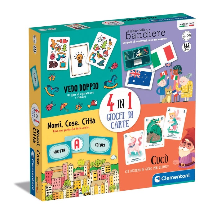 Clementoni 4 in 1 Giochi di Carte - Set di Giochi per Bambini 6 Anni e Famiglia, 2-6 Giocatori, Made in Italy