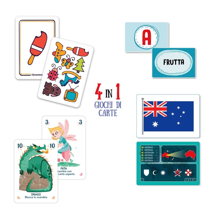 Clementoni 4 in 1 Giochi di Carte - Set di Giochi per Bambini 6 Anni e Famiglia, 2-6 Giocatori, Made in Italy