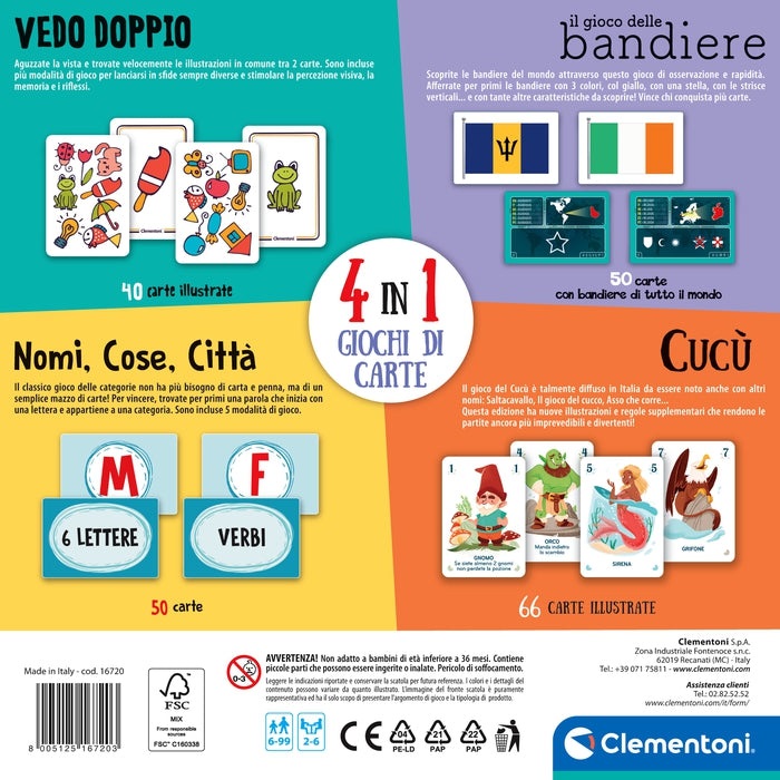 Clementoni 4 in 1 Giochi di Carte - Set di Giochi per Bambini 6 Anni e Famiglia, 2-6 Giocatori, Made in Italy