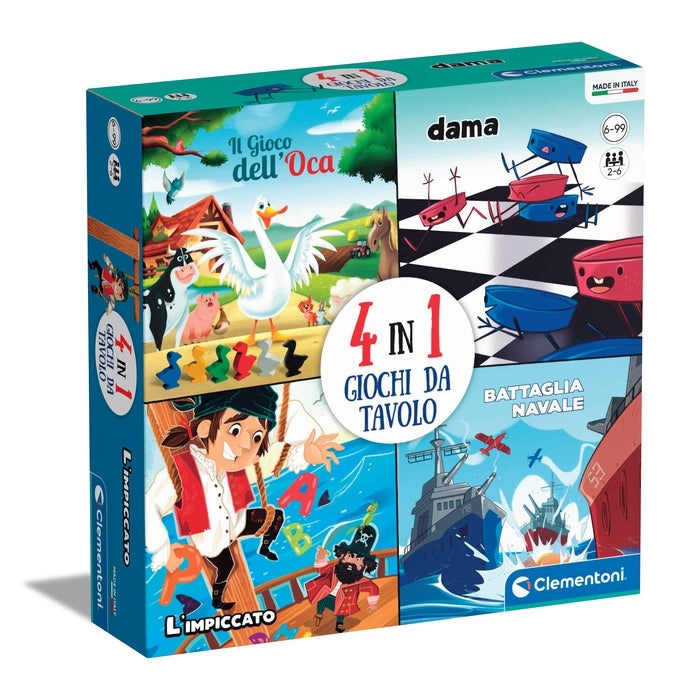 Clementoni 4 in 1 Giochi da Tavolo - Compendio dell'Oca, Battaglia Navale, Dama e Impiccato per Bambini, Gioco in Scatola, 2-12 Giocatori, Made in Italy