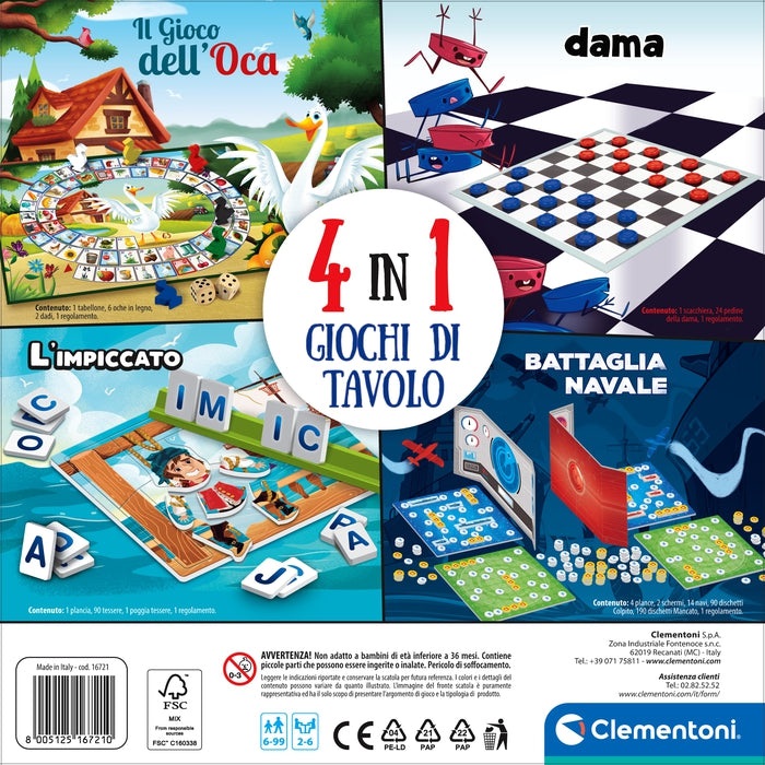 Clementoni 4 in 1 Giochi da Tavolo - Compendio dell'Oca, Battaglia Navale, Dama e Impiccato per Bambini, Gioco in Scatola, 2-12 Giocatori, Made in Italy