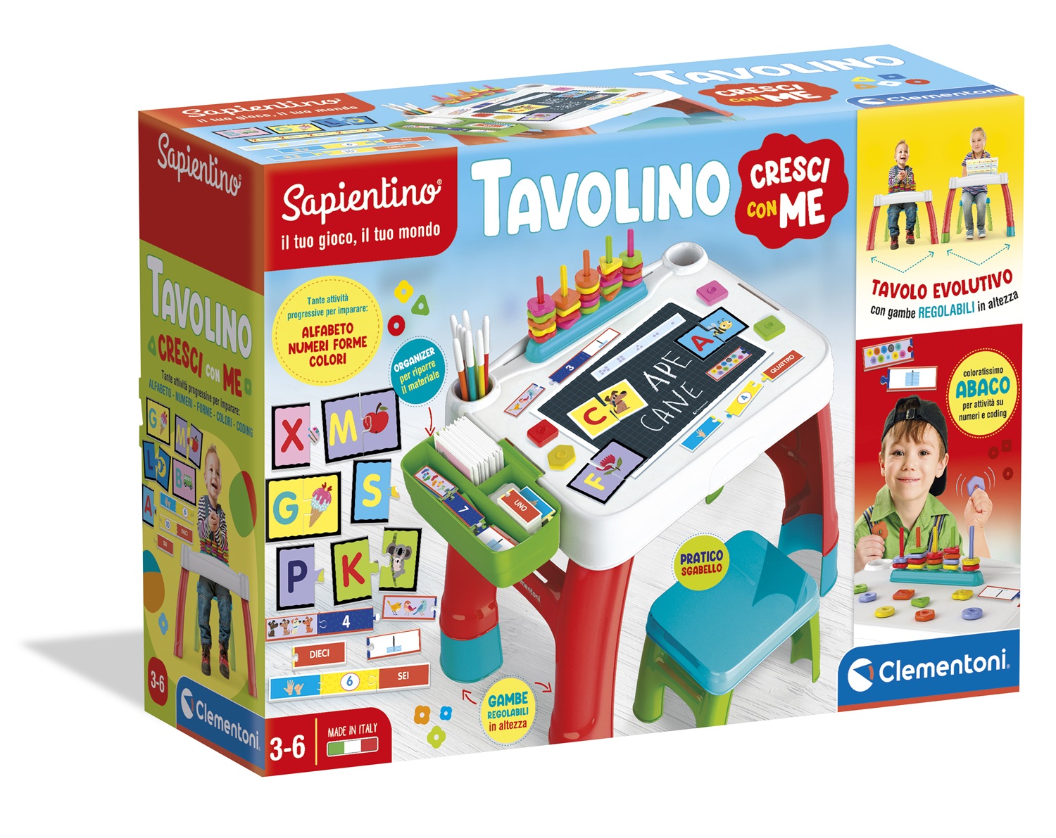 Clementoni Sapientino - Tavolo Cresci con Me Evolutivo, Tavolino Multiattività Interattivo per Bambini 3-6 Anni, Gioco Educativo per Imparare Alfabeto, Numeri, Forme e Colori, Made in Italy, 16745